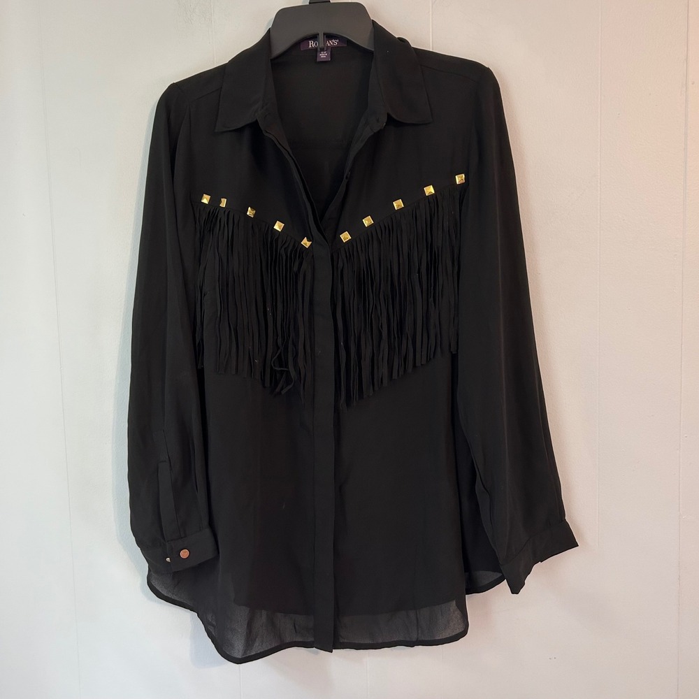 Roaman's Womens Black Western Fringe Studded Button Up Blouse Plus 12W 30-1775-3
